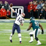 MINNEAPOLIS, MN - FEBRUARY 04:  Tom Brady #12 of the New England Patriots throws a pass against the Philadelphia Eagles during the fourth quarter in Super Bowl LII at U.S. Bank Stadium on February 4, 2018 in Minneapolis, Minnesota.  (Photo by Andy Lyons/Getty Images)