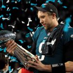 MINNEAPOLIS, MN - FEBRUARY 04:  Nick Foles #9 of the Philadelphia Eagles celebrates with the Lombardi Trophy after defeating the New England Patriots 41-33 in Super Bowl LII at U.S. Bank Stadium on February 4, 2018 in Minneapolis, Minnesota.  (Photo by Mike Ehrmann/Getty Images)