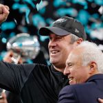 Head coach Doug Pederson (L) and owner Jeffrey Lurie of the Philadelphia Eagles celebrate defeating the New England Patriots 41-33 in Super Bowl LII at U.S. Bank Stadium on February 4, 2018 in Minneapolis, Minnesota.The Philadelphia Eagles defeated the New England Patriots 41-33.  (Photo by Kevin C. Cox/Getty Images)