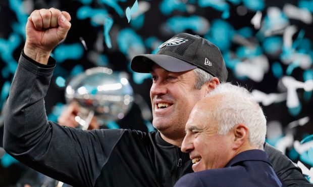 Head coach Doug Pederson (L) and owner Jeffrey Lurie of the Philadelphia Eagles celebrate defeating...