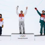 Shaun White of USA takes 1st place, Ayumu Hirano of Japan takes 2nd place, Scotty James of Australia takes 3rd place during the Snowboarding Men's Halfpipe Finals at Pheonix Snow Park on February 14, 2018 in Pyeongchang-gun, South Korea. (Photo by Laurent Salino/Agence Zoom/Getty Images)