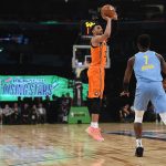Jamal Murray #27 of the World Team shoots a jump shot against Jaylen Brown #7 of the U.S. Team during the 2018 Mountain Dew Kickstart Rising Stars Game at Staples Center on February 16, 2018 in Los Angeles, California.  (Photo by Kevork Djansezian/Getty Images)