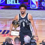 Spencer Dinwiddie #8 of the Brooklyn Nets accepts the trophy in the 2018 Taco Bell Skills Challenge at Staples Center on February 17, 2018 in Los Angeles, California.  (Photo by Jayne Kamin-Oncea/Getty Images)