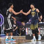Jamal Murray #27 of the Denver Nuggets and Spencer Dinwiddie #8 of the Brooklyn Nets compete in the 2018 Taco Bell Skills Challenge at Staples Center on February 17, 2018 in Los Angeles, California.  (Photo by Kevork Djansezian/Getty Images)