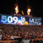 DENVER, CO - OCTOBER 19: A digital display commemorates the NFL record 509th career passing touchdown by quarterback Peyton Manning #18 of the Denver Broncos in the second quarter of a game between the Denver Broncos and the San Francisco 49ers at Sports Authority Field at Mile High on October 19, 2014 in Denver, Colorado. (Photo by Doug Pensinger/Getty Images)