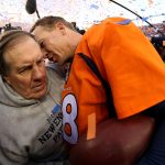 DENVER, CO - JANUARY 24:  Peyton Manning #18 of the Denver Broncos and head coach Bill Belichick of the New England Patriots speak after the AFC Championship game at Sports Authority Field at Mile High on January 24, 2016 in Denver, Colorado. The Broncos defeated the Patriots 20-18.  (Photo by Doug Pensinger/Getty Images)