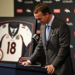ENGLEWOOD, CO - MARCH 07:  Quarterback Peyton Manning reacts as he announces his retirement from the NFL at the UCHealth Training Center on March 7, 2016 in Englewood, Colorado. Manning, who played for both the Indianapolis Colts and Denver Broncos in a career which spanned 18 years, is the NFL's all-time leader in passing touchdowns (539), passing yards (71,940) and tied for regular season QB wins (186). Manning played his final game last month as the winning quarterback in Super Bowl 50 in which the Broncos defeated the Carolina Panthers, earning Manning his second Super Bowl title.  (Photo by Doug Pensinger/Getty Images)