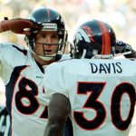 Denver Broncos receiver Ed McCaffrey (L) gives a salute to running back Terrell Davis 11 January after Davis scored Denver's first touchdown in the AFC Championship game with the Pittsburgh Steelers in Pittsburgh, PA. The Broncos won the game 24-21 and will face either the San Francisco 49ers or the Green Bay Packers in Super Bowl XXXII 25 January.              AFP PHOTO/Don EMMERT (Photo credit should read DON EMMERT/AFP/Getty Images)