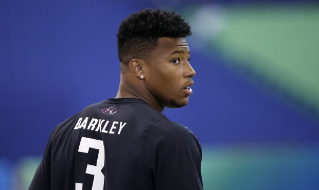 Penn State running back Saquon Barkley looks on during the 2018 NFL Combine at Lucas Oil Stadium on...