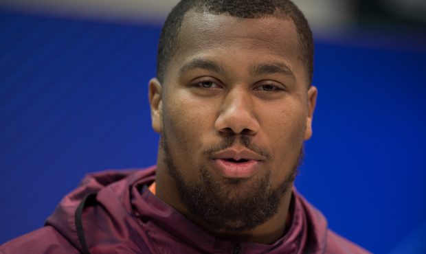 North Carolina State defensive lineman Bradley Chubb answers questions from the media during the NF...