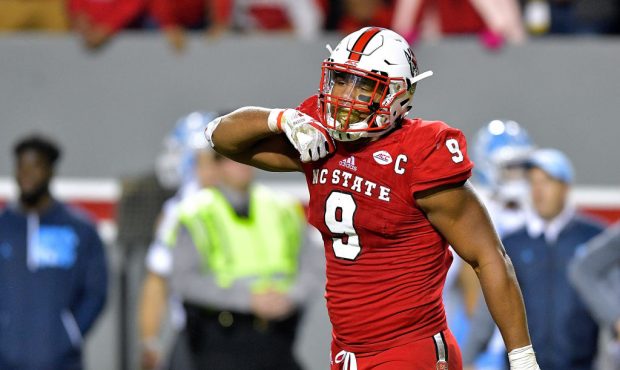 RALEIGH, NC - NOVEMBER 25:  Bradley Chubb #9 of the North Carolina State Wolfpack reacts after a wi...