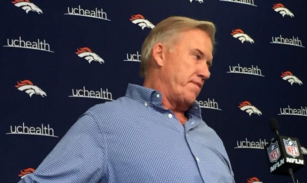 John Elway speaks to the media at his pre-draft press conference ahead of the 2018 NFL Draft. Photo...