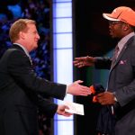 NFL Commissioner Roger Goodell greets Von Miller, #2 overall pick by the Denver Broncos, during the 2011 NFL Draft at Radio City Music Hall on April 28, 2011 in New York City.  (Photo by Chris Trotman/Getty Images)