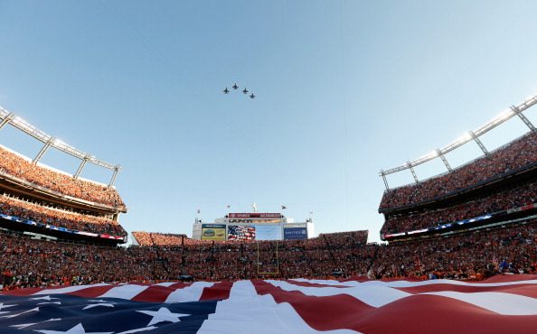 Figher jets fly over the Sports Authority Field at Mile High stadium prior to the start of the game...
