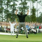 Phil Mickelson jumps in the air after making birdie on the 18th hole to win the Masters by one shot during the final round of the Masters at the Augusta National Golf Club on April 11, 2004 in Augusta, Georgia.  (Photo by Andrew Redington/Getty Images)