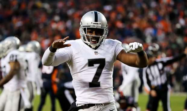Punter Marquette King #7 of the Oakland Raiders celebrates after the Raiders recovered a fumble on ...