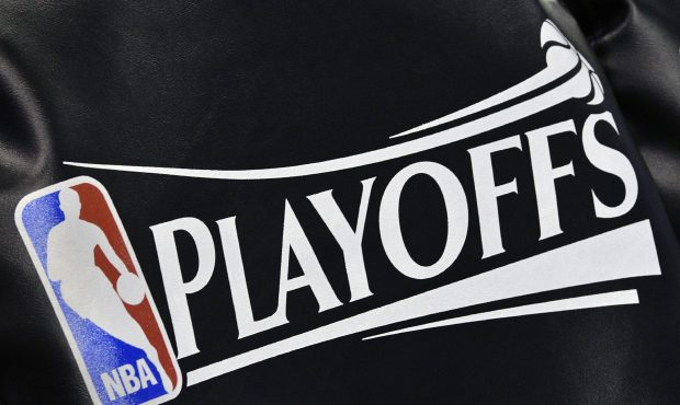 The NBA Playoff logo seat covering, on the Utah Jazz team's chairs, before their game against the G...