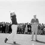 Byron Nelson watches as Ben Hogan tees off during a 1952 Masters Tournament at Augusta National Golf Club in April 1952 in Augusta, Georgia. (Photo by Augusta National/Getty Images)