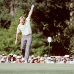 Jack Nicklaus raises his arm in victory after sinking his putt during the 1986 Masters Tournament at Augusta National Golf Club in April 1986 in Augusta, Georgia. (Photo by Augusta National/Getty Images)