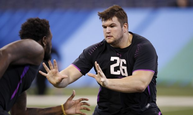 Notre Dame offensive lineman Quenton Nelson in action during the 2018 NFL Combine at Lucas Oil Stad...
