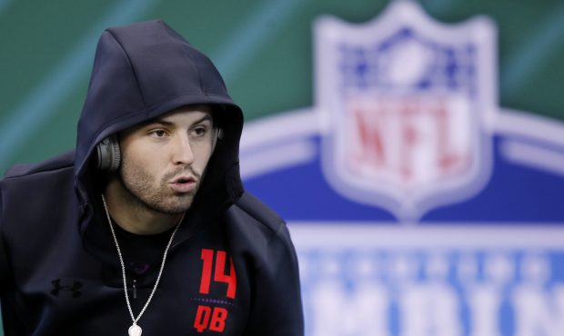 Baker Mayfield looks on during the NFL Combine....