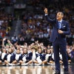 Head coach Jay Wright of the Villanova Wildcats reacts against the Michigan Wolverines in the first half during the 2018 NCAA Men's Final Four National Championship game at the Alamodome on April 2, 2018 in San Antonio, Texas.  (Photo by Ronald Martinez/Getty Images)
