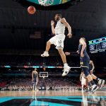 Omari Spellman #14 of the Villanova Wildcats dunks against the  Michigan Wolverines   in the 2018 NCAA Men's Final Four National Championship game at the Alamodome on April 2, 2018 in San Antonio, Texas.  (Photo by Brett Wilhelm/NCAA Photos via Getty Images)