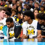 Michigan Wolverines' players react during the second half of the 2018 NCAA Men's Final Four National Championship game against the Villanova Wildcats at the Alamodome on April 2, 2018 in San Antonio, Texas.  (Photo by Brett Wilhelm/NCAA Photos via Getty Images)