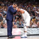 Head coach Jay Wright of the Villanova Wildcats celebrates with Jalen Brunson #1 late in the second half against the Michigan Wolverines during the 2018 NCAA Men's Final Four National Championship game at the Alamodome on April 2, 2018 in San Antonio, Texas.  (Photo by Tom Pennington/Getty Images)