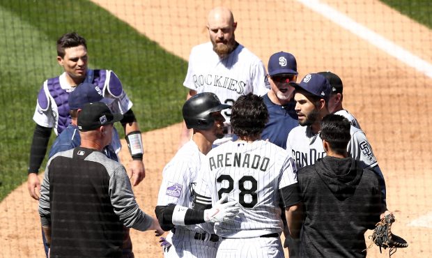 Benches clear as a brawl breaks out between the Colorado Rockies and the San Diego Padres in the th...