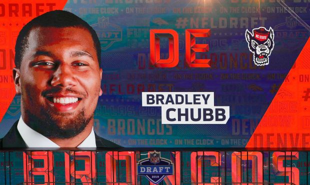 ARLINGTON, TX - APRIL 26: A video board displays an image of Bradley Chubb of NC State after he was...