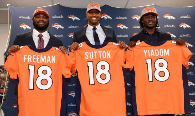 Denver Broncos draft picks from left to right, Royce Freeman, Courtland Sutton and Isaac Yiadom at ...