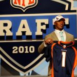 Demaryius Thomas from the Georgia Tech Yellow Jackets holds up a Denver Broncos jersey after he was drafted by the Broncos number 22 overall during the the first round of the 2010 NFL Draft at Radio City Music Hall on April 22, 2010 in New York City.  (Photo by Jeff Zelevansky/Getty Images)