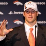 Tim Tebow is introduced by the Denver Broncos at a press conference at the Broncos Headquarters in Dove Valley on April 23, 2010 in Englewood, Colorado. The Broncos picked Tebow in the first round of the 2010 NFL draft.  (Photo by Doug Pensinger/Getty Images)
