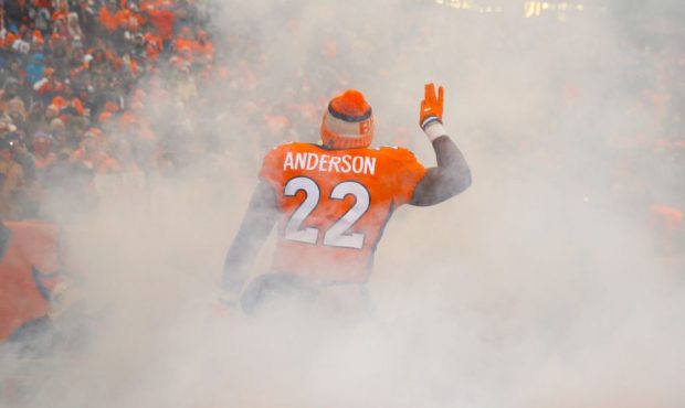 Running back C.J. Anderson #22 of the Denver Broncos takes the field before a game against the Kans...
