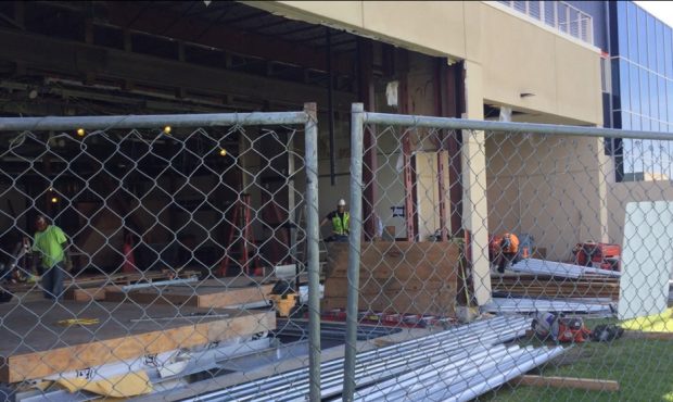 Construction underway at UCHealth Training Center during the first day of Denver Broncos OTAs on Ma...