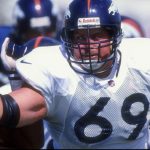 Guard Mark Schlereth #69 of the Denver Broncos in action during the 1998 Denver Broncos training camp at the University of Northern Colorado in Greeley, Colorado. Photo by Brian Bahr  /Allsport