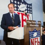 (Original Caption) New York, New York: NFL Commissioner Pete Rozelle announces the first pick of NFL college draft 4/26. The Baltimore Colts selected Stanford's quarterback John Elway.