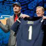 CHICAGO, IL - APRIL 28:  (L-R) Joey Bosa of Ohio State holds up a jersey with NFL Commissioner Roger Goodell after being picked #3 overall by the San Diego Chargers during the first round of the 2016 NFL Draft at the Auditorium Theatre of Roosevelt University on April 28, 2016 in Chicago, Illinois.  (Photo by Jon Durr/Getty Images)