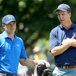 Jordan Spieth and former NFL quarterback Peyton Manning speak during the pro-am round prior to The Memorial Tournament Presented By Nationwide at Muirfield Village Golf Club on June 1, 2016 in Dublin, Ohio.  (Photo by Sam Greenwood/Getty Images)