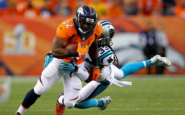 Running back CJ Anderson #22 of the Denver Broncos runs the ball against free safety Tre Boston #33...