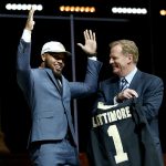 PHILADELPHIA, PA - APRIL 27:  Marshon Lattimore of Ohio State reacts with Commissioner of the National Football League Roger Goodell after being picked #11 overall by the New Orleans Saints during the first round of the 2017 NFL Draft at the Philadelphia Museum of Art on April 27, 2017 in Philadelphia, Pennsylvania.  (Photo by Elsa/Getty Images)