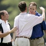 Sergio Garcia (left), with Peyton Manning (right) and his brother Cooper (center), after the Pro-Am prior to the 2007 Wachovia Championship held at Quail Hollow Country Club in Charlotte, North Carolina on May 2, 2007. (Photo by Sam Greenwood/PGA)