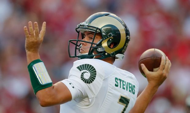 Nick Stevens #7 of the Colorado State Rams looks to pass against Alabama Crimson Tide at Bryant-Den...