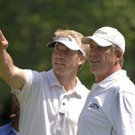 UNITED STATES - APRIL 27:  Ricky Barnes directs partner John Elway on the 18th tee at the Cliffs at Keowee Vineyards during the first round of the Nationwide Tour BMW Charity Pro-Am, April 27, 2006 in Greenville, South Carolina.  (Photo by Al Messerschmidt/Getty Images)