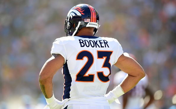Devontae Booker #23 of the Denver Broncos is seen during the game against the Los Angeles Chargers ...