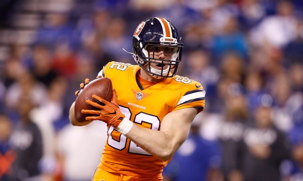 Jeff Heuerman #82 of the Denver Broncos makes a catch and runs for a touchdown against the Indianap...