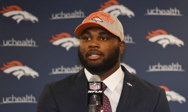 Denver Broncos third round draft pick Royce Freeman during his introductory press conference at Dov...
