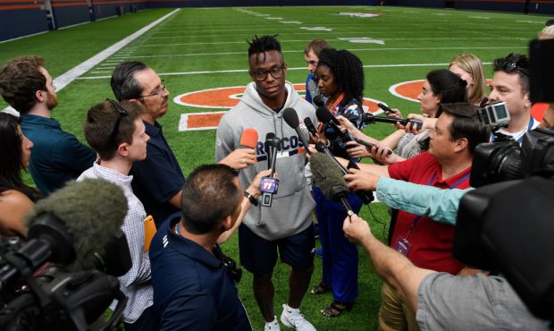 Denver Broncos rookie wide receiver DaeSean Hamilton talks to the press at Dove Valley May 11, 2018...