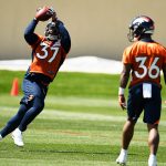Denver Broncos running back Royce Freeman (37) pulls in a pass on the first day of Broncos OTA's at the UCHealth Training Center in Englewood. May 22, 2018 Englewood, Colorado. (Photo by Joe Amon/The Denver Post via Getty Images)